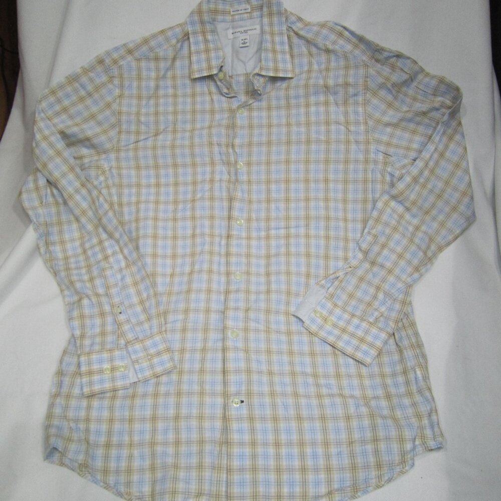 Banana Republic Slim Fit Blue, Brown, Tan Plaid Dress Shirt, sz.16-16½, Large